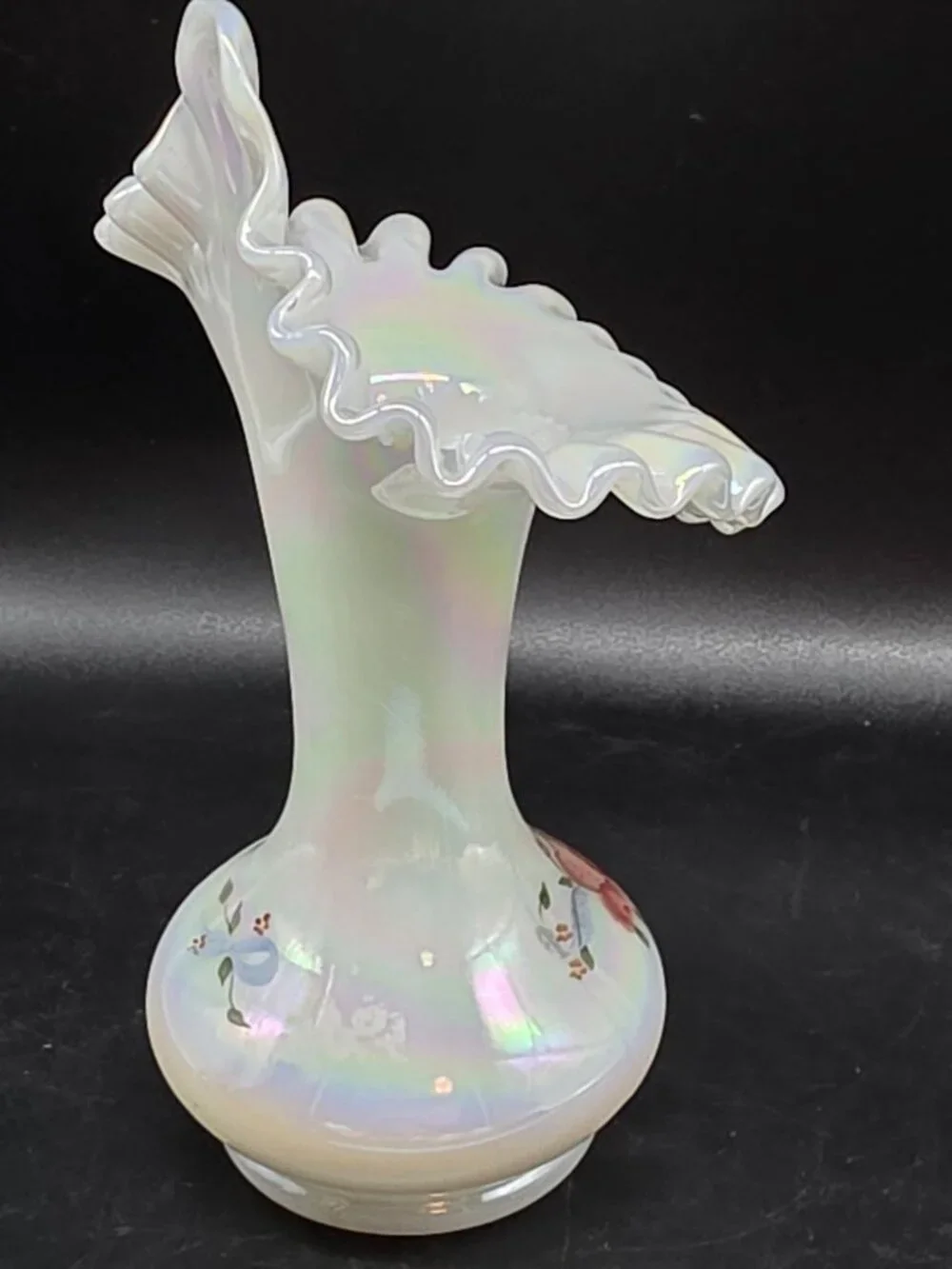 Vintage Fenton White Iridescent Jack in the Pulpit Ruffled Vase Signed, Numbered
